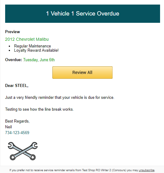 Service Reminder email